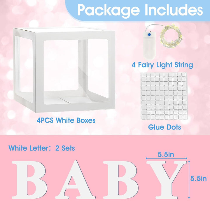 Baby Boxes with Letters for Baby Shower Decorations, 4 Pcs Clear Baby Balloon Boxes Blocks Decor with LED Fairy String Lights for Boy Girl Gender Reveal Decorations Backdrop Party (White)