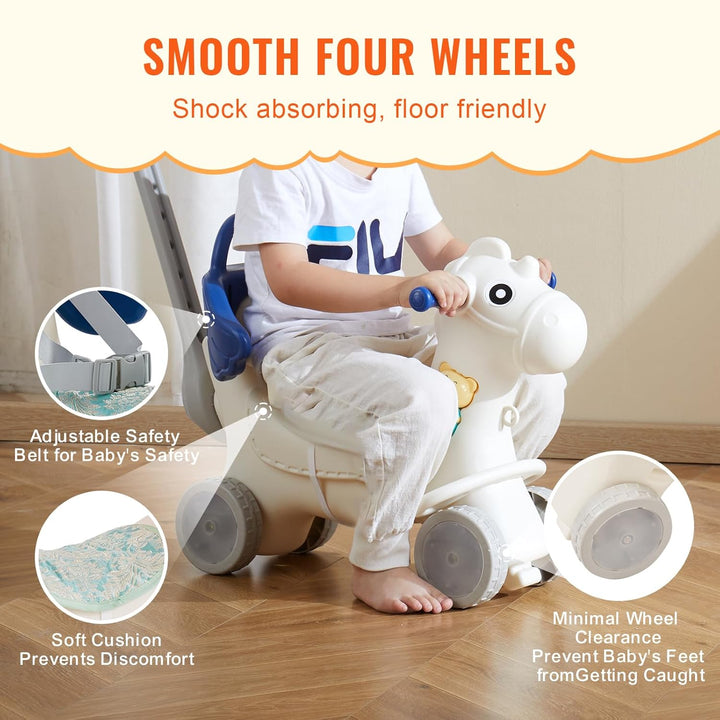 4 in 1 Rocking Horse for Toddlers 1-3 Years, Baby Rocking Horse with Detachable Balance Board, Push Handle and 4 Smooth Wheels, Support up to HDPE 80 Lbs Kids Ride on Toy with Sound, Blue