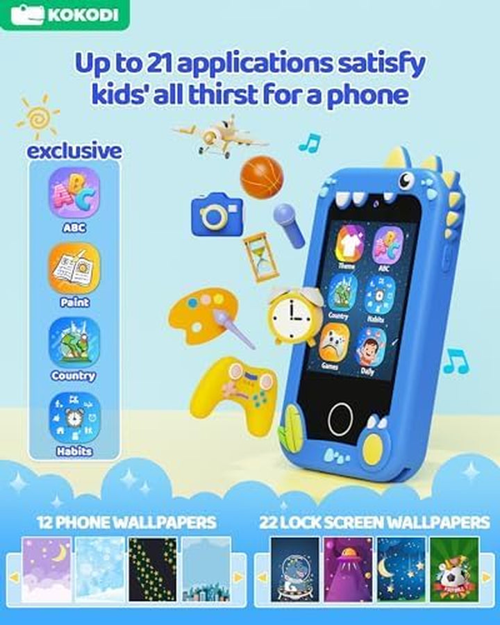 Kids Smart Phone, Touchscreen HD Dual Camera Cell Phone for Kids, Christmas Birthday Gifts Dinosaur Toddler Play Phone for Boys 3-10, Travel Toy Preschool Learning Education Toy