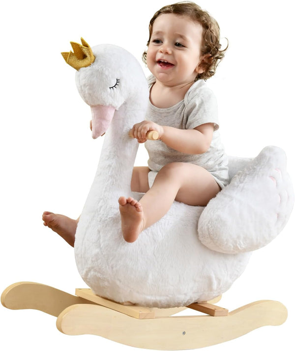 Kids Rocking Horse White Swan, Stuffed Animal Wooden Rocker for Children 6 Months Boys and Girls/Nursery Christmas, Birthday Gift (Rocking Swan)
