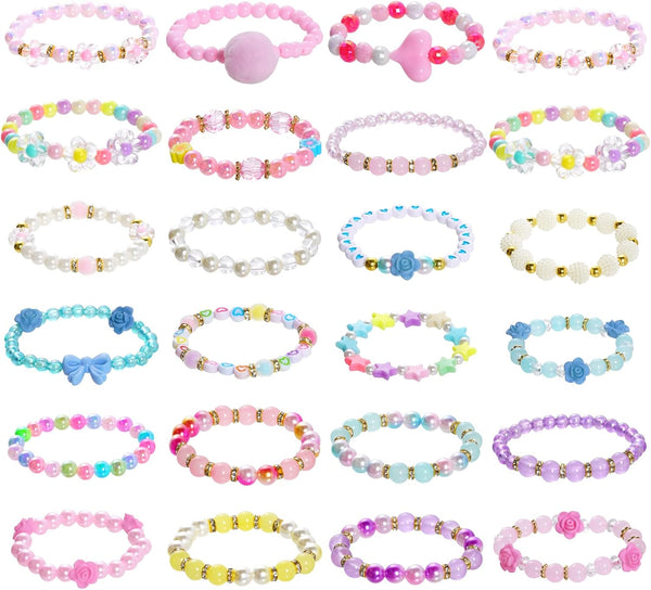 24 Pieces Princess Bracelets Girls Beaded Bracelets Little Girls Costume Jewelry Set for Birthday Party Favors