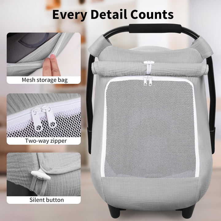 Car Seat Cover Baby, Carseat Covers Girl Boy, Breathable Muslin Cotton, Large Mesh Window, Infant Car Seat Canopy Baby Carrier Cover Stroller Sun Shade for Summer & Hot Day, Grey