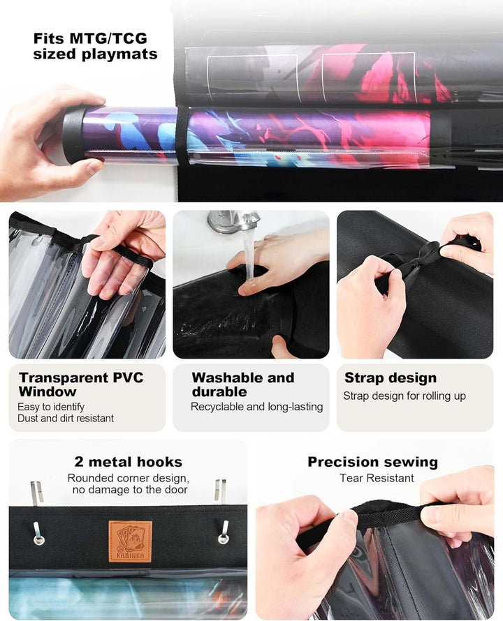Playmat Holder, Playmat Tube Storage Bag for MTG with 2 Hooks, Fits 12+1 Card Game Playmats with Transparent Plastic Slots, Portable Organizer Rack for TCG/RPG Mat (12 Tubes, Black)