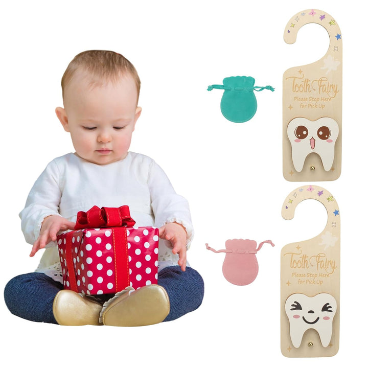 2 PCS Tooth Fairy Tooth Holder, Room Decor Tooth Fairy Door Hanger with Money Slot, Keepsake Bag & Elegant Patterns for Lost Teeth, Encourage Gift for Boys & Girls Milk Teeth