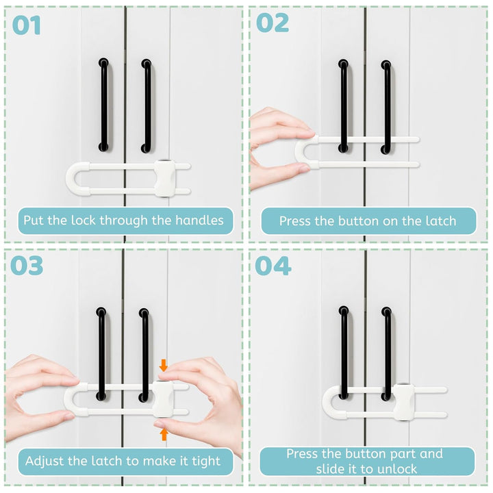 Baby Proofing Cabinets, Sliding Cabinet Locks for Babies, Adjustable U Shaped Baby Safety Locks, Childproof Cabinet Latch for Kitchen, Bathroom, Drawer, Cupboard Doors Knobs & Handles (6 Pack White)