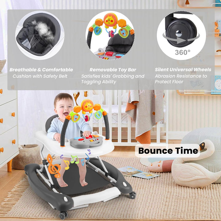 Baby Walker, 5-In-1 Baby Walkers for Boys and Girls 6-12 Months with Bouncer, Removable Footrest, Feeding Tray & Music, Foldable & Adjustable Activity Walker for 6-18 Months Toddler Infant