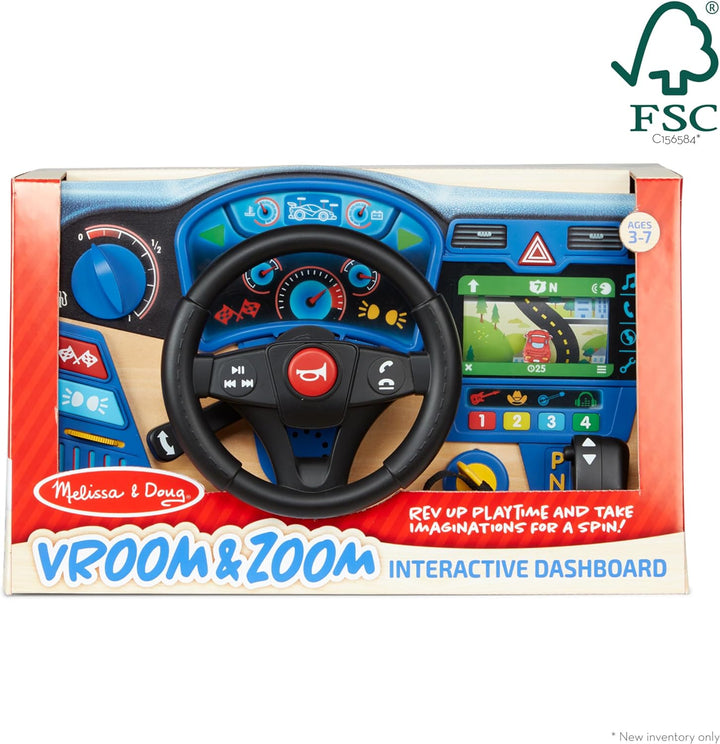 Vroom & Zoom Interactive Wooden Dashboard Steering Wheel Pretend Play Driving Toy - FSC Certified