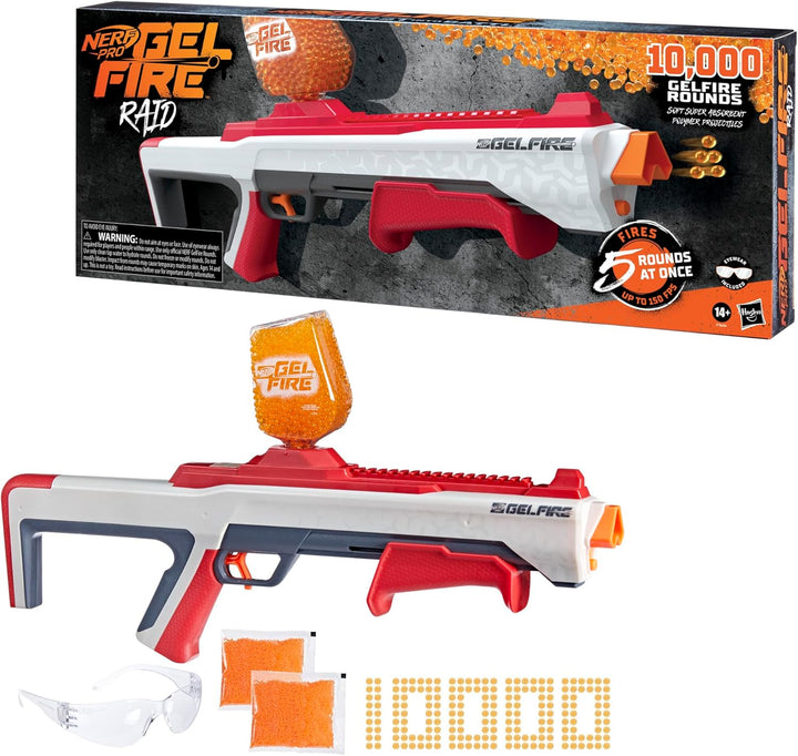 Pro Gelfire Raid Blaster, Fire 5 Rounds at Once, 10,000 Gel Rounds, 800 round Hopper, Eyewear, Toys for Teens Ages 14 & Up