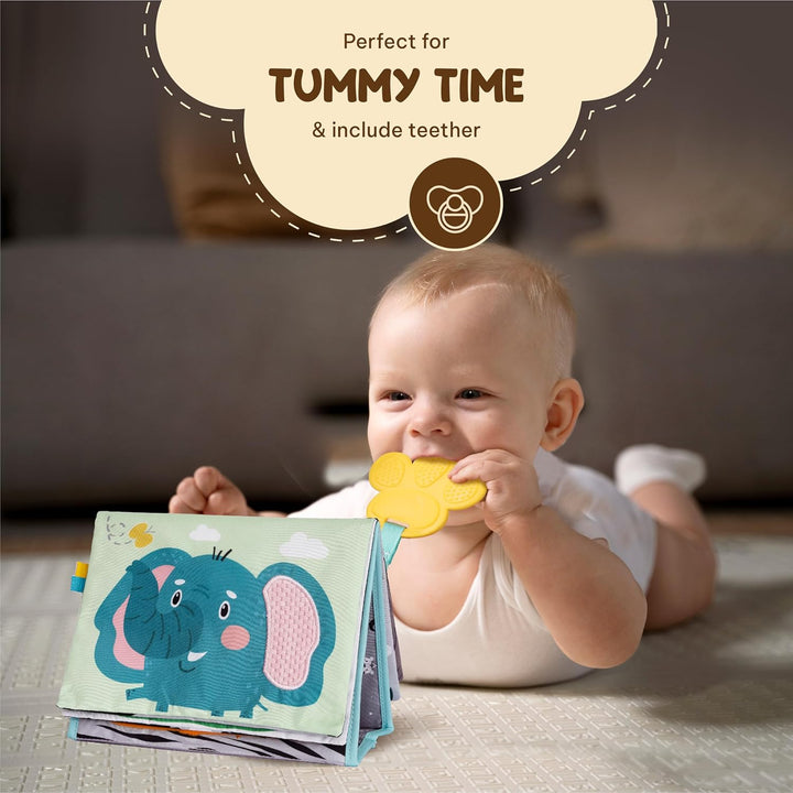 Tummy Time Mirror for Babies - High Contrast Book with Large Stimulating Baby Safe Mirror & Silicone Teether & Crinkle Pages - Perfect Tummy Time Toys for Babies 0 3 6 9 Months