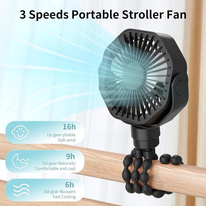 Portable Stroller Fan with Flexible Tripod, 3 Speeds Rechargeable Handheld Personal Fan, 360 Rotate Battery Operated Clip on Fans for Car Seat Crib Bike Treadmill Black