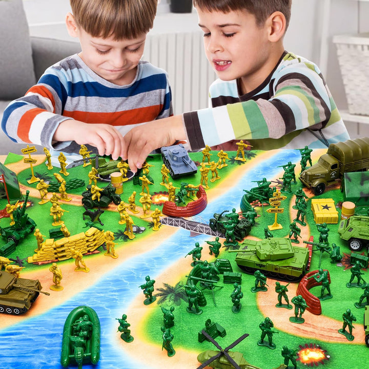 Army Men Playset with Plastic Army Men Action Figures, Military Toys with Mat, Toy Soldiers for Boys with Green Tanks, Army Toys for Boys Age 4-8-12