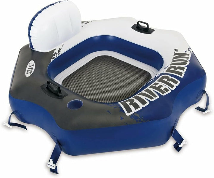 58825EP River Run 1 Inflatable Floating Lounge: Comfortable Backrest – Built-In Cup Holders – Durable Grab Handles – All around Grab Rope – 220Lb Weight Capacity– Blue