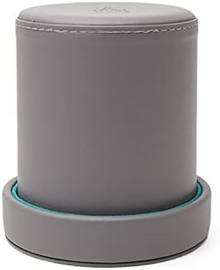 Grey Leather Dice Cup with Lid Including 6 Matching Pearl Dice - Teal Velvet Interior for Quiet Shaking - Use for Liars Dice Farkle Yahtzee Board Games, Grey