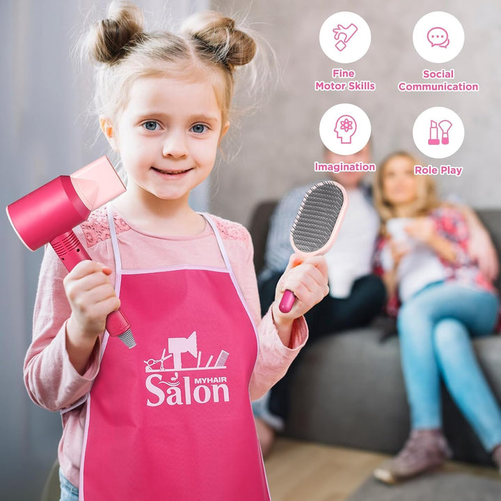 Pretend Hair Salon Toys for Girls,Pretend Makeup for Toddlers Dress up Beauty Salon Set Stylist Kit with Hair Dryer Apron Curling Flat Scissors Accessories Girl Gifts