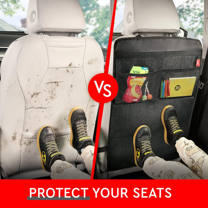 Back Seat Protector for Car, 2 Pack Premium Kick Mats for Kids, Extra Large Car Seat Cover for Backseat with Mesh Pockets, Waterproof Dirt & Mud Protection, Travel Accessories