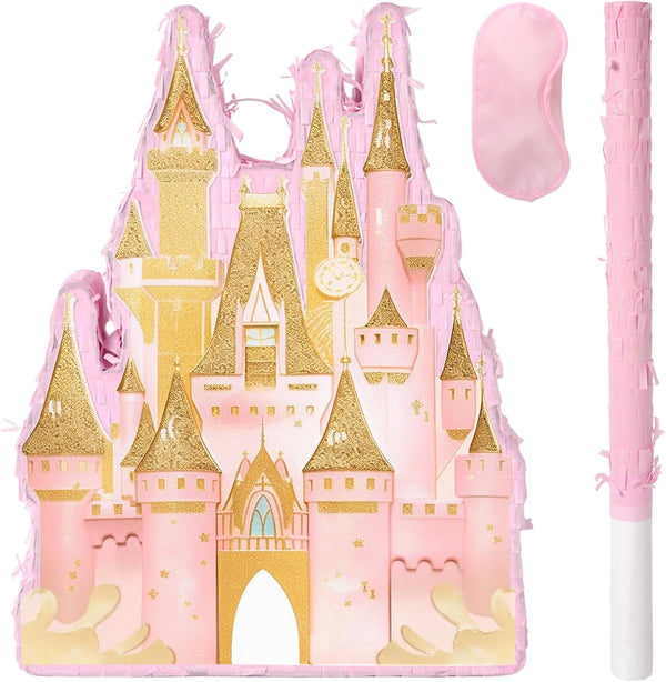 Princess Castle Pinata - Pink Castle Pinata with Blindfold and Bat for Girls Kids Princess Theme Birthday Party Game Decorations (16.7”X11.8”X3”)