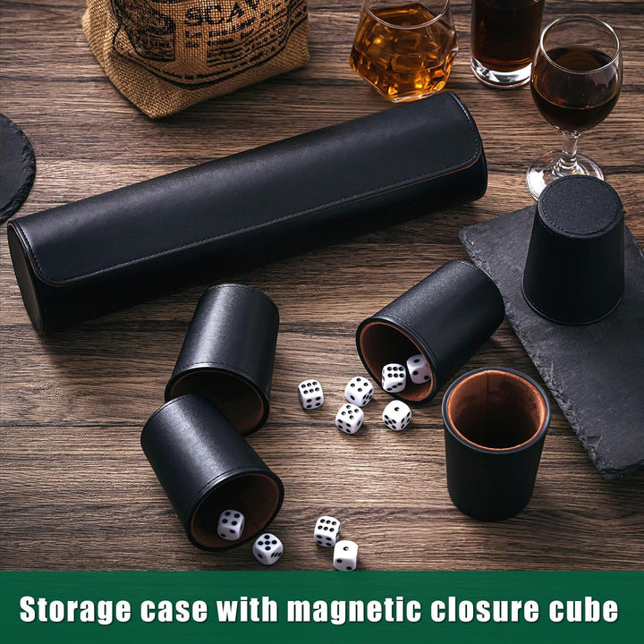 2 Set Liars Dice Game Include 10 Leather Dice Cups, 50 Dice and 2 Leather Storage Case with Magnetic Closure, Set Gift for Party, Craps, Backgammon, Travel(Black)
