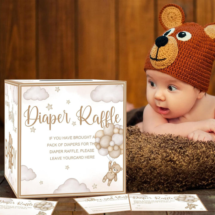 51 Pcs Bear Diaper Raffle Tickets with Diaper Raffle Card Box for Baby Shower Supplies, Brown Bear Themed Insert Card, Advice and Wishes Insert Ticket