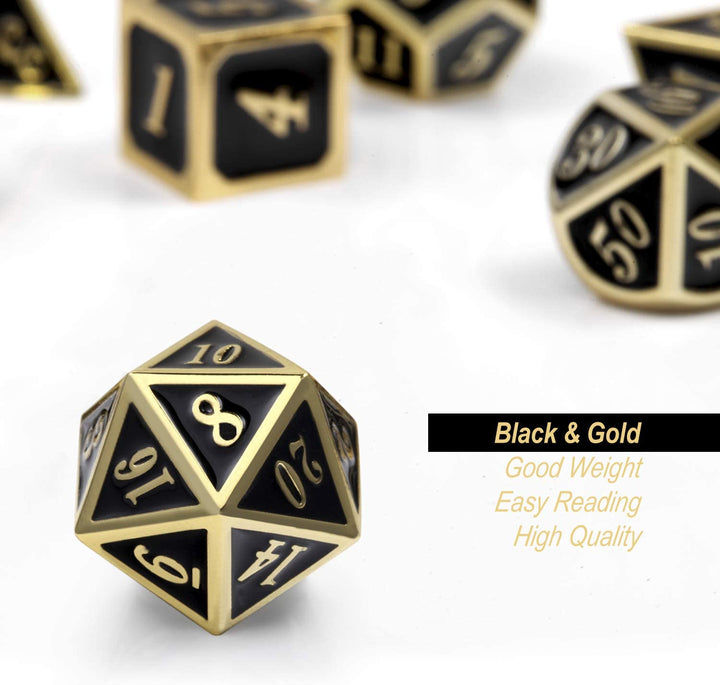 Metal Dice Set D&D, 7 Die Metallic Polyhedral Dice Set with Gift Metal Box and Gold Number for DND Dungeons and Dragons Role Playing Games (Black and Gold)