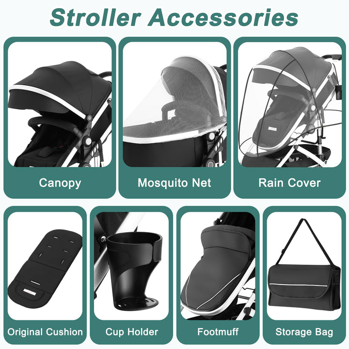 Baby Stroller with Bassinet, Convertible Infant Stroller with Adjustable Backrest & Canopy for Baby, Foldable Newborn Pushchair with Reversible Seat and Cover for 0-36 Months (Dark Black)