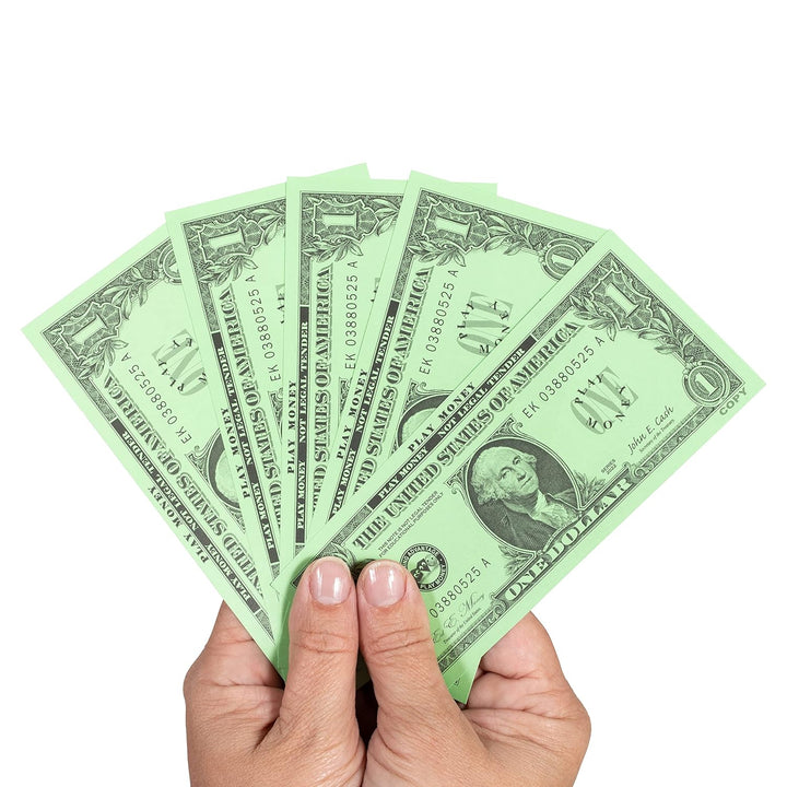 One Dollar Play Bills - Set of 100 $1 Paper Bills - Designed and Sized like Real US Currency - Teach Currency, Counting and Math with Play Money