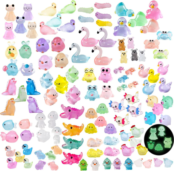 130 Pcs Glow-In-The-Dark Mini Resin Animals Luminous Miniature Animal Figurines Small Animals to Hide Tiny Little Animal Figures Bulk for Fairy Garden Dollhouse Craft Accessories