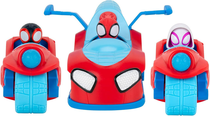Marvel Spidey and His Amazing Friends Spidey Team Split Racer - 8.5-Inch Three-In-One Vehicle with Web Darts, Sound Effects, and Phrases