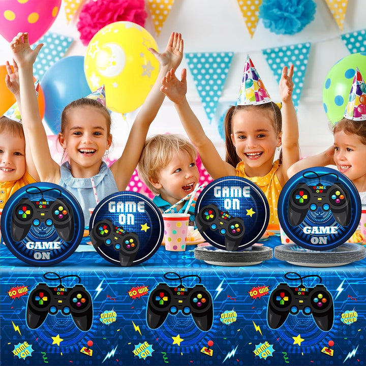 Video Game Party Supplies Tableware Set for 24 Guests - Gaming Birthday Plates, Blue Gamer Decorations Includes Plates, Napkins, Tablecloths