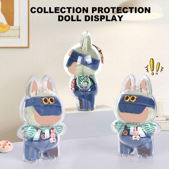 Protective Case Compatible with LABUBU Doll - Crystal-Clear Hard Display Box with Keychain & Dustproof Cover, Secure Backpack Hooks for Shelf/Outdoor Showcase (Doll Not Included)（Standing）