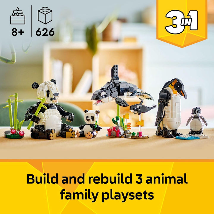 Creator 3 in 1 Wild Animals Panda Family - Building Toy Kit for Kids with 3 Building Options, Panda, Penguin, or Orca - 8 Year Old Girl & Boy Birthday Gifts - 31165