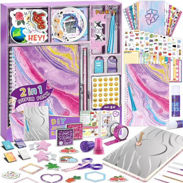 2-Pack DIY Journal Kit for Girls - 200+Pcs Journal Set for Tween & Teen Girls, Journaling Art & Crafts Kits, Ideal Gifts for 8 9 10 11 12 13 14 Year Old Girl, Scrapbook & Diary Supplies Set