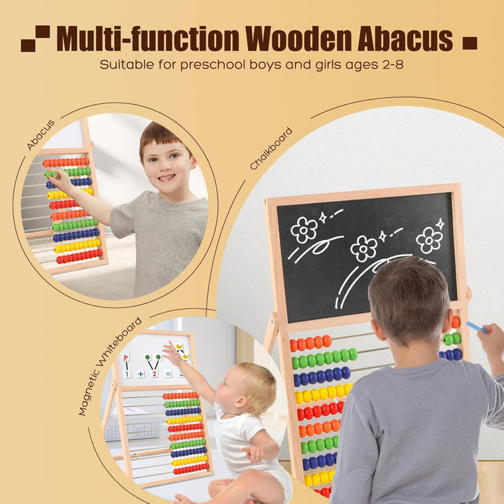 Wooden Abacus for Kids Math - Double-Sided Blackboard Whiteboard Magnetic Abacus for Toddlers 1-3 with 100 Magnetic Number & Fruit Stickers - Educational Counting Games Kids Gift