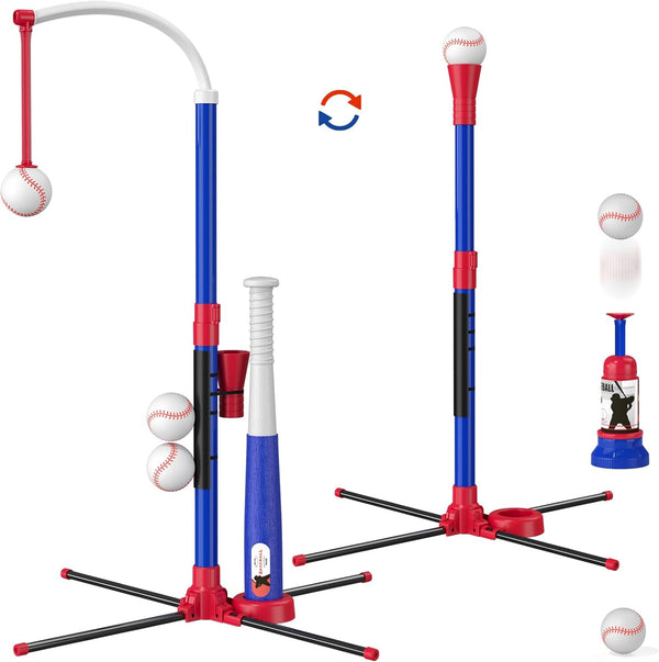 3-In-1 Baseball Set for Kids 3-5 - Tee Ball Stand, Hanging Tee, Ball Launcher and 6 Softballs - Adjustable Height, Indoor/Outdoor Sport Gifts for Boys, Blue
