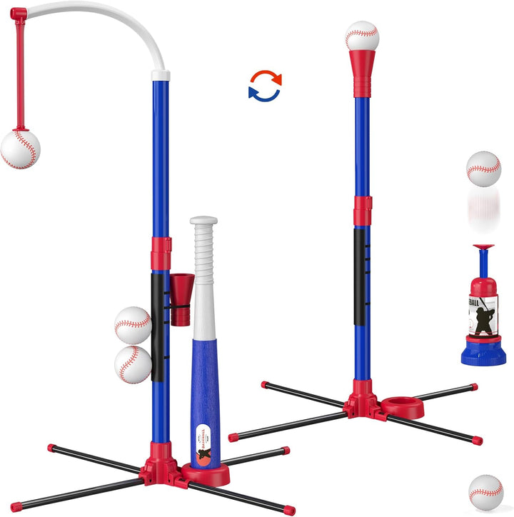 3-In-1 Baseball Set for Kids 3-5 - Tee Ball Stand, Hanging Tee, Ball Launcher and 6 Softballs - Adjustable Height, Indoor/Outdoor Sport Gifts for Boys, Blue