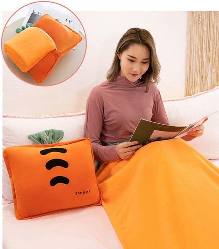 15" Stuffed Fruit Travel Blanket and Pillow Set,3 in 1 Plush Stuffed Hugging Pillow with Warming Hands Pillow Blanket for Kids Gift Travel Airplane Train Bed Office Nap (Pink - Strawberry)