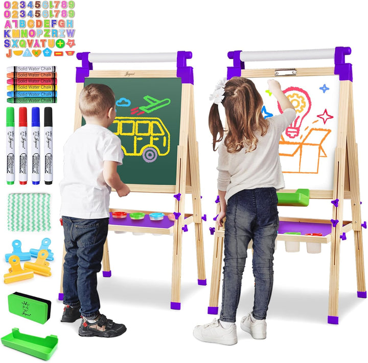 Kids Wooden Easel with Paper Roll - Adjustable Magnetic Double Sided Drawing Board Whiteboard & Chalkboard Dry Easel Board, Children Art Easel for 3~12 Years Kids Boys Girls Painting Drawing