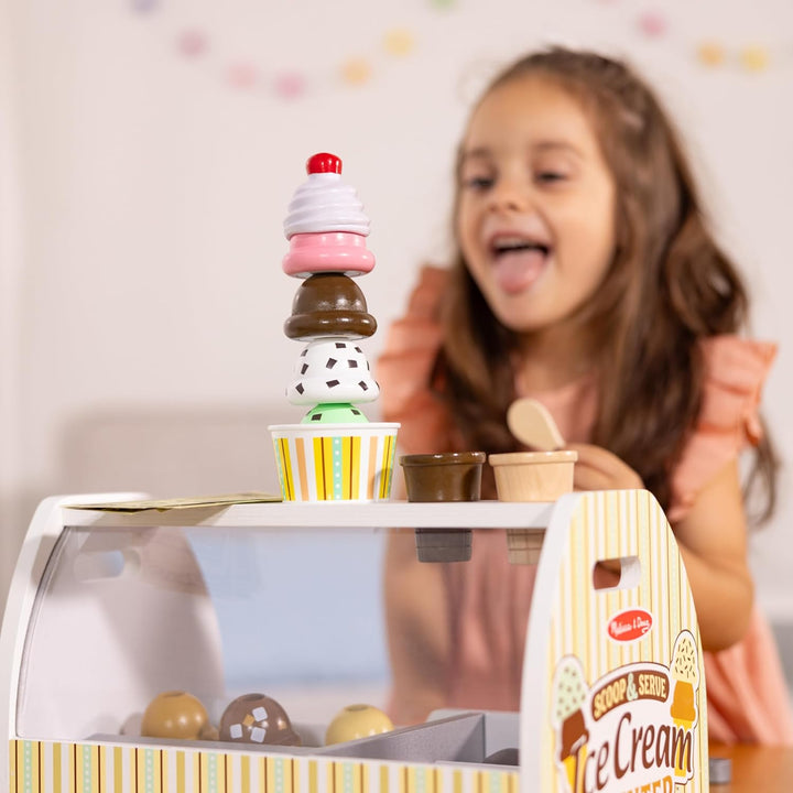 Wooden Scoop and Serve Ice Cream Counter (28 Pcs) - Play Food and Accessories