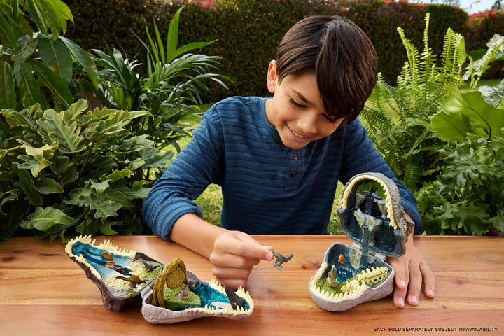 Jurassic World Rebirth Micro Adventure Playset, Tyrannosaurus Rex Head Opens to 4 Interactive Features, 3 Micro Figures, T. Rex Dinosaur Toy