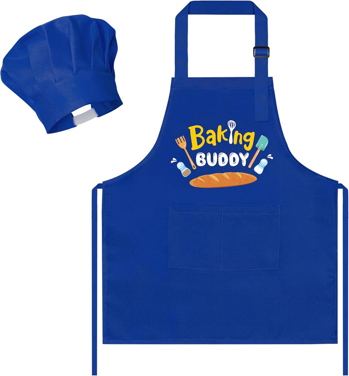 2 Pcs Kid Apron and Chef Hat Set, Adjustable Children Blue Kitchen Apron Cooking Baking Painting and Training Kits Dress up Role Play Chef Toy Kid Funny Cooking Gift New Year
