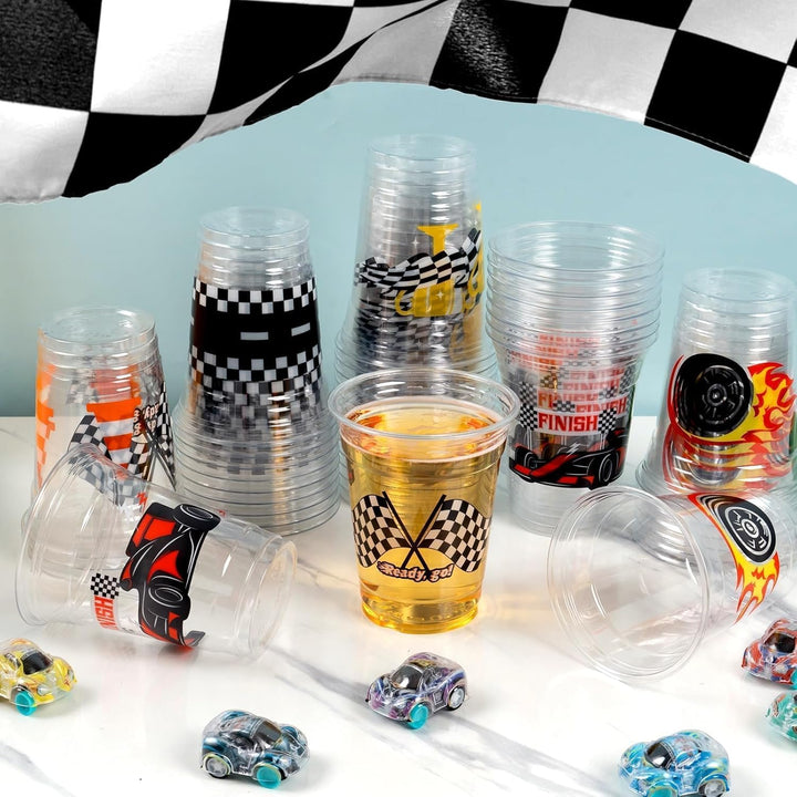 50 Race Car Birthday Party Decorations, 12Oz Checkered Flag Racing Party Disposable Plastic Cups for Boys Fast One Two Birthday Car Party Favors Supplies