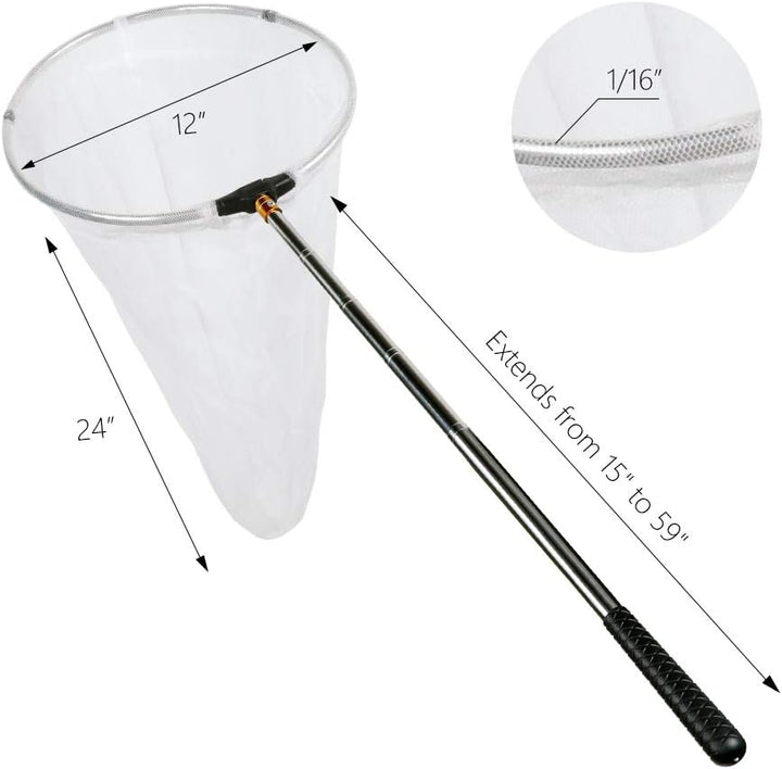 Insect and Butterfly Net with 12" Ring, 24" Net Depth, Handle Extends to 59 Inches for Adults and Kids (12" Ring, 59" Handle)