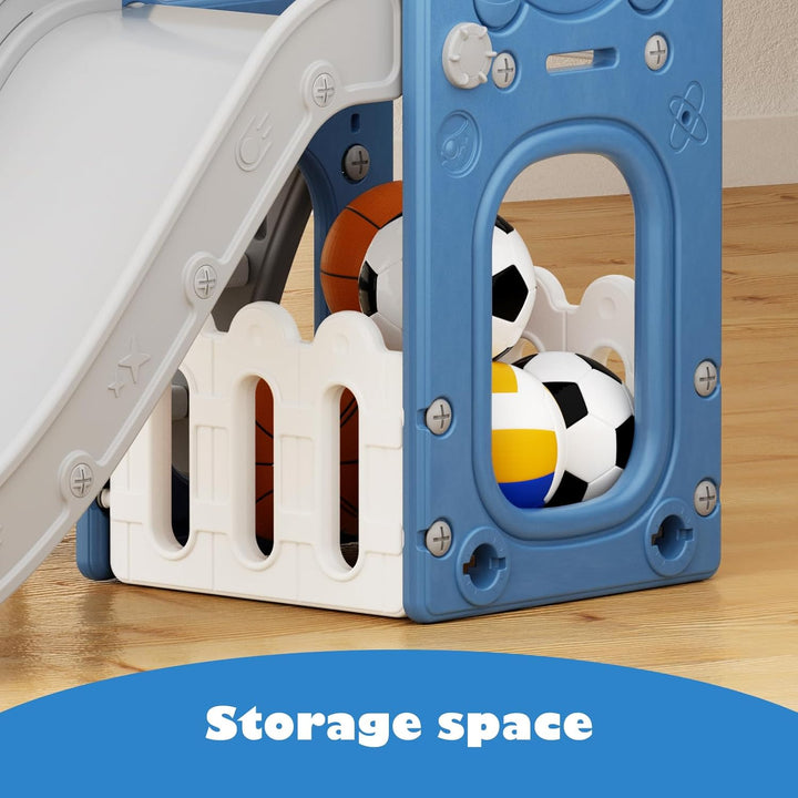 Toddler Slide 7 in 1 Outdoor Playset Kids Slides Indoor Playground for Backyard Baby Climber with Telescope Basketball Hoop and Ball Storage Space for Age 1+ Years (Blue)
