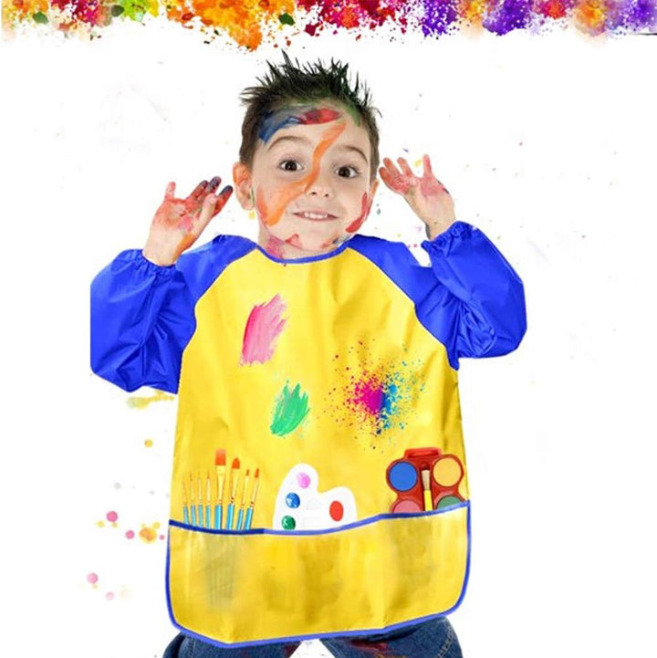 2 Pack Kids Art Smock Colorful Waterproof Children Art Aprons Artist Painting Aprons with Long Sleeve 3 Roomy Pockets for Age 3-7 Years,Yellow and Blue