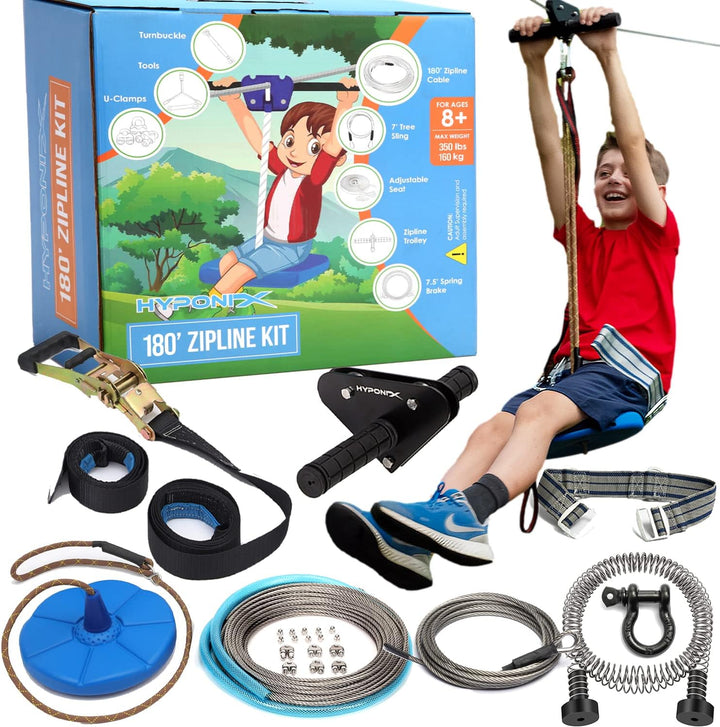 Zip Line Kit for Kids and Adults, 100/120/150/200Ft, up to 350 Lbs, Removable Trolley, Rustproof Stainless Steel, Quick Setup with Ratchet, Safety Harness, Backyard Adventure Fun W/Climbing Holds