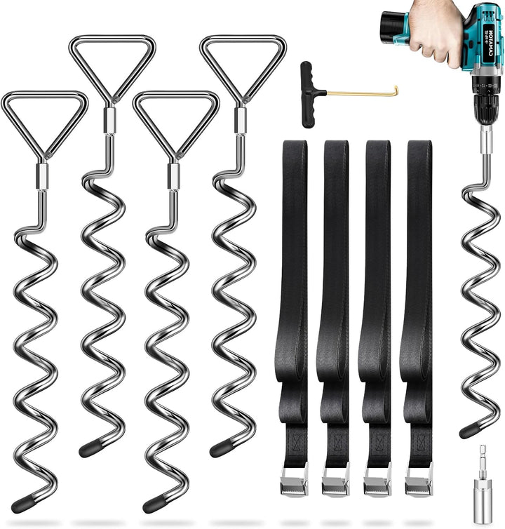 Trampoline Stakes Heavy Duty Trampoline Anchors Kit, Spiral Screw in Ground Anchors with Straps, Earth Anchors Earth Anchors Swing Set Anchors for Trampoline