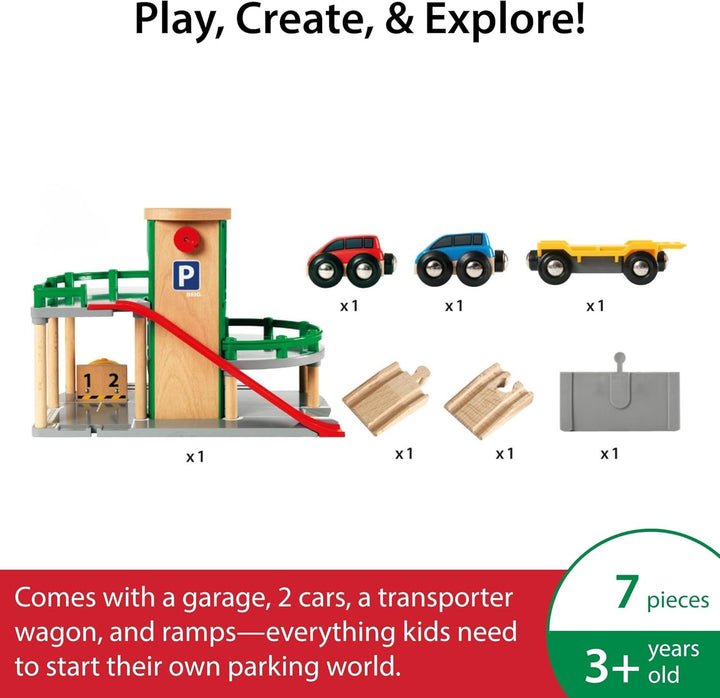 World Parking Garage - 7-Piece Wooden Toy Garage with 2 Cars, 1 Transporter Wagon, and Wooden Ramp Tracks - Works with All  Train Sets - Fsc-Certified - Sparks Creativity & Fun - Ages 3 & Up