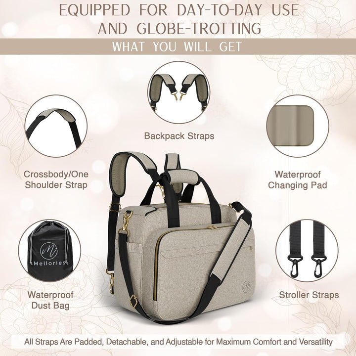 4 in 1 Convertible Diaper Bag Tote for Baby Boys and Girls - Converts into Diaper Backpack, Tote Bag, Stroller Bag and Crossbody Diaper Bag - Beige Baby Travel Bag - Gift for Mom