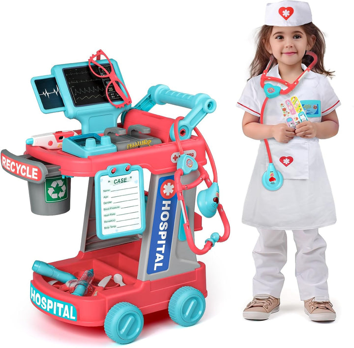 Doctor Kit for Toddlers Aged 2 3 4 5, Pretend Doctor Play Set for Kids with Cart, Costume and Stethoscope, Role Play Medical Toys for Girls Boys(Pink)
