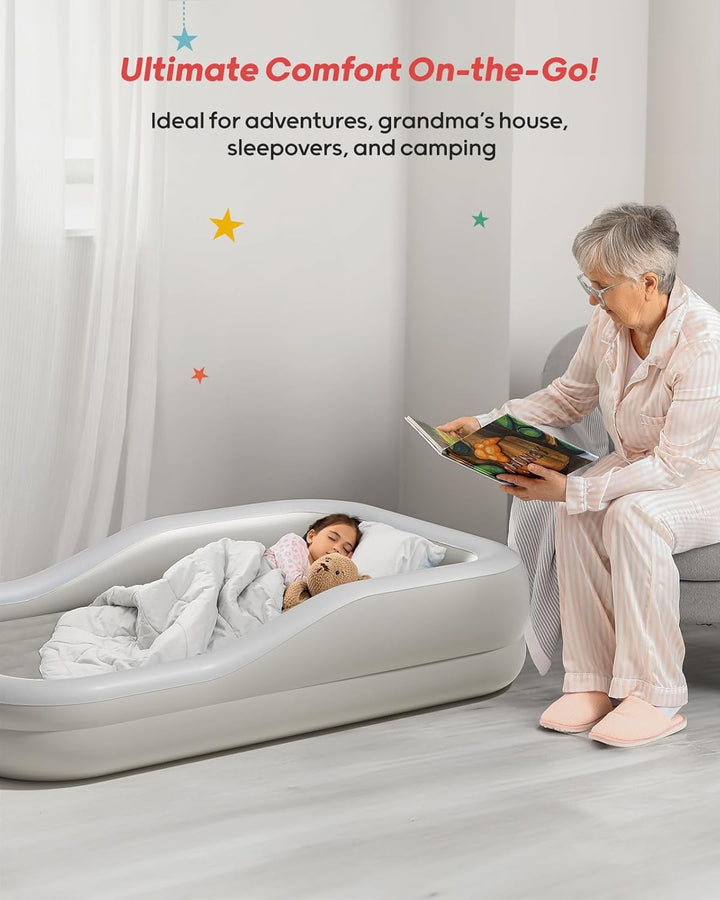Inflatable Toddler Travel Bed with 3-Sided Safety Bumpers, Extra Large Kids Air Mattress, Includes Fast Electric Pump & Detachable Mattress, Portable for Camping, Travel, Home Use (Grey)