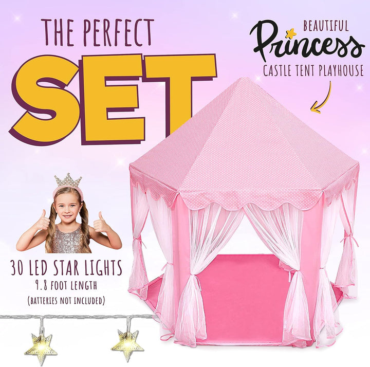 Princess Castle Playhouse Tent for Girls with LED Star Lights – Indoor & Outdoor Large Kids Play Tent for Imaginative Games – ASTM Certified, 230 Polyester Taffeta. Pink 55"X53".